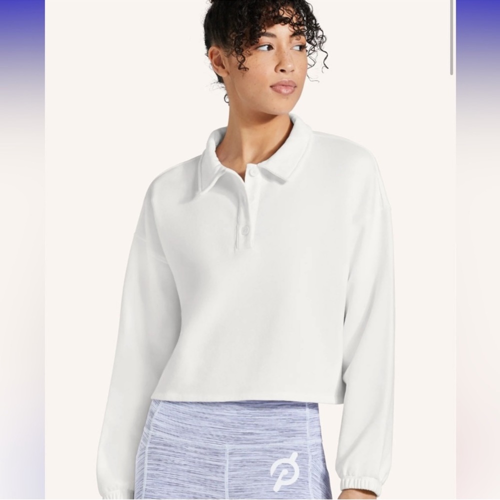 Peloton White Polo Pullover Sweatshirt Cotton Top w Graphic Back Size Large NWT